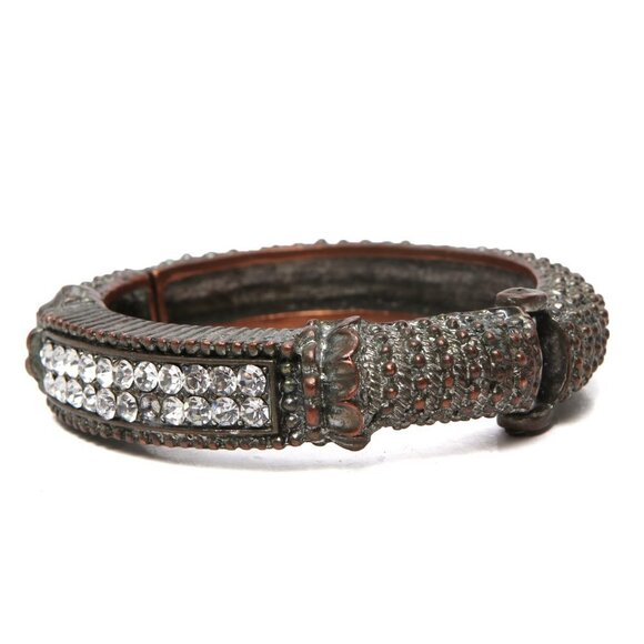 Vintage Copper Metal Indian Bracelet Rhinestone Ornate Heavy Patina Hinge Bangle - Picture 3 of 7